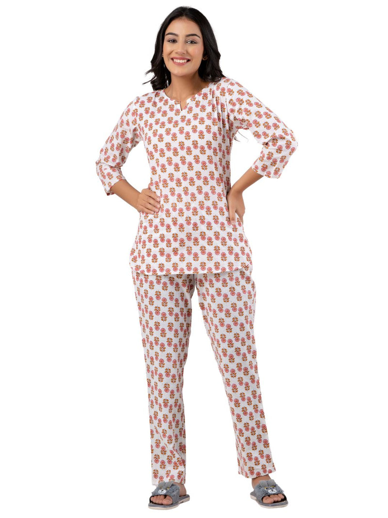 White Printed Cotton Night Suit with V-Neck Kurti & Ankle-Length Pants