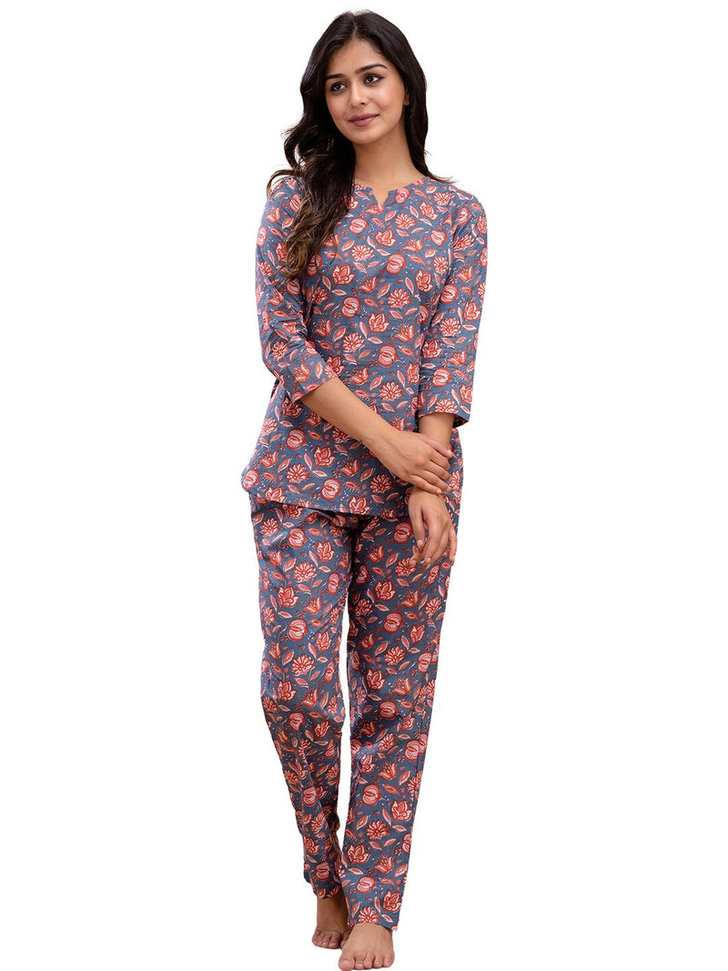 Blue Printed Cotton Night Suit with V-Neck Kurti & Ankle-Length Pants