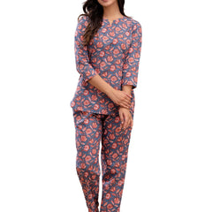 Blue Printed Cotton Night Suit with V-Neck Kurti & Ankle-Length Pants