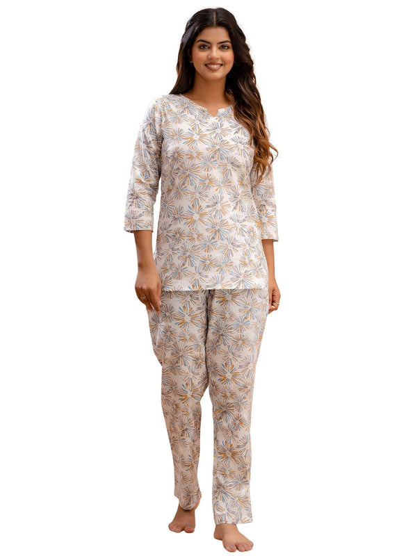 White Printed Cotton Night Suit with V-Neck Kurti & Ankle-Length Pants