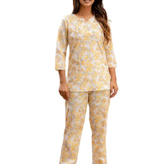 White Printed Cotton Night Suit with V-Neck Kurti & Ankle-Length Pants
