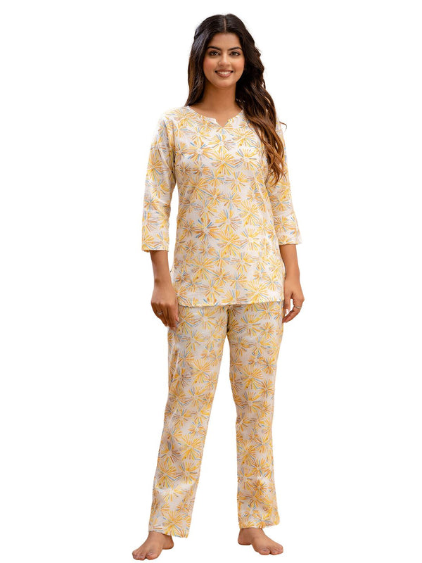 White Printed Cotton Night Suit with V-Neck Kurti & Ankle-Length Pants