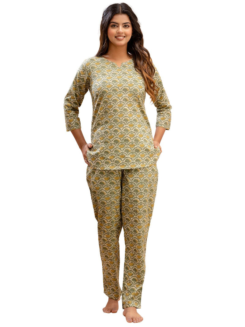 Green Printed Cotton Night Suit with V-Neck Kurti & Ankle-Length Pants