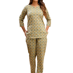 Green Printed Cotton Night Suit with V-Neck Kurti & Ankle-Length Pants