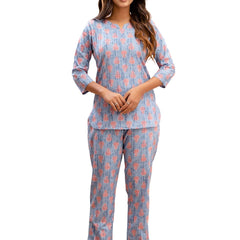 Blue Printed Cotton Night Suit with V-Neck Kurti & Ankle-Length Pants