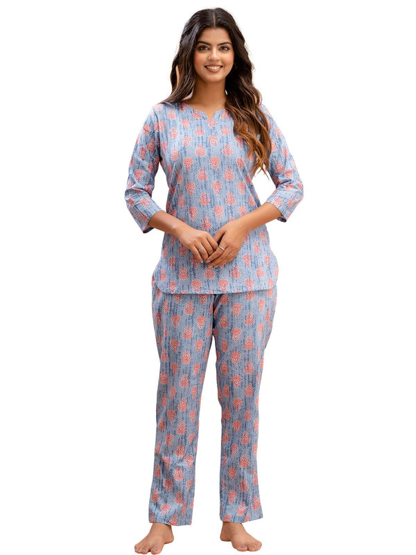 Blue Printed Cotton Night Suit with V-Neck Kurti & Ankle-Length Pants