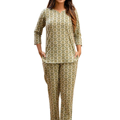 Green Printed Cotton Night Suit with V-Neck Kurti & Ankle-Length Pants