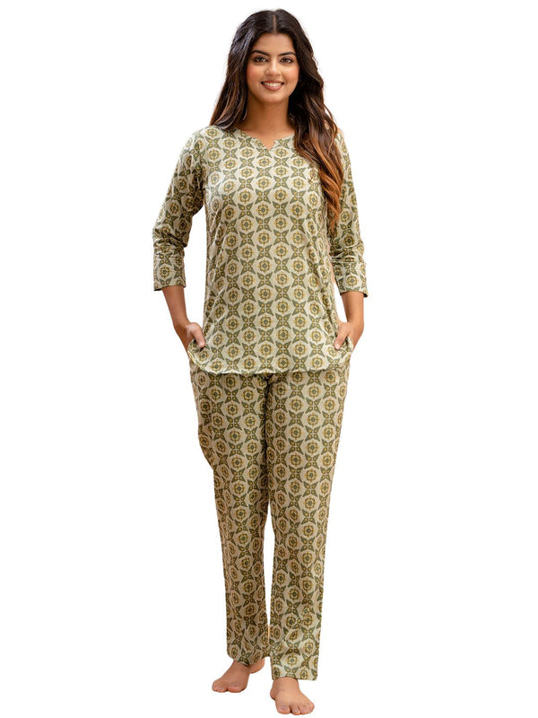 Green Printed Cotton Night Suit with V-Neck Kurti & Ankle-Length Pants