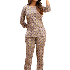 Purple Printed Cotton Night Suit with V-Neck Kurti & Ankle-Length Pants