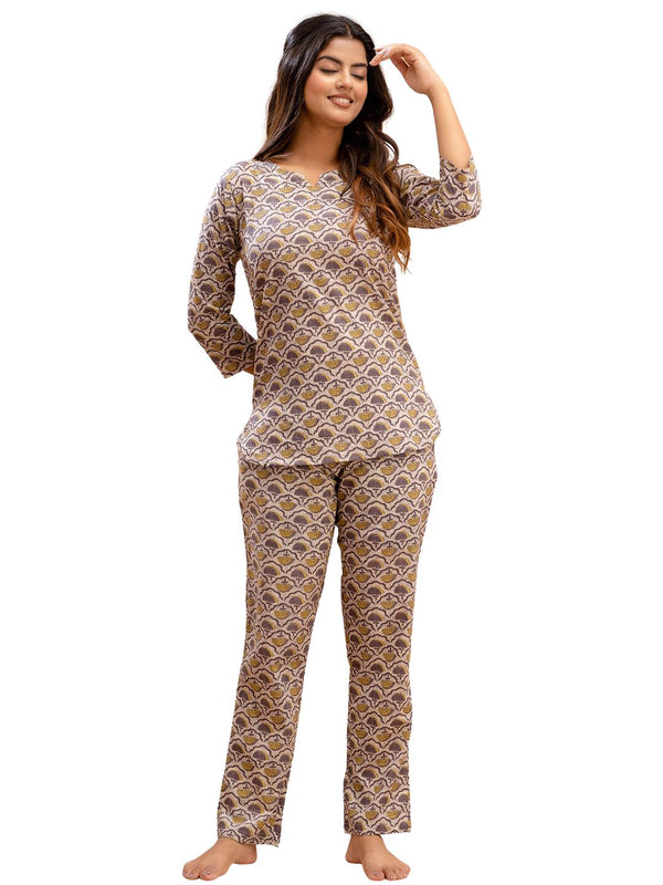 Purple Printed Cotton Night Suit with V-Neck Kurti & Ankle-Length Pants