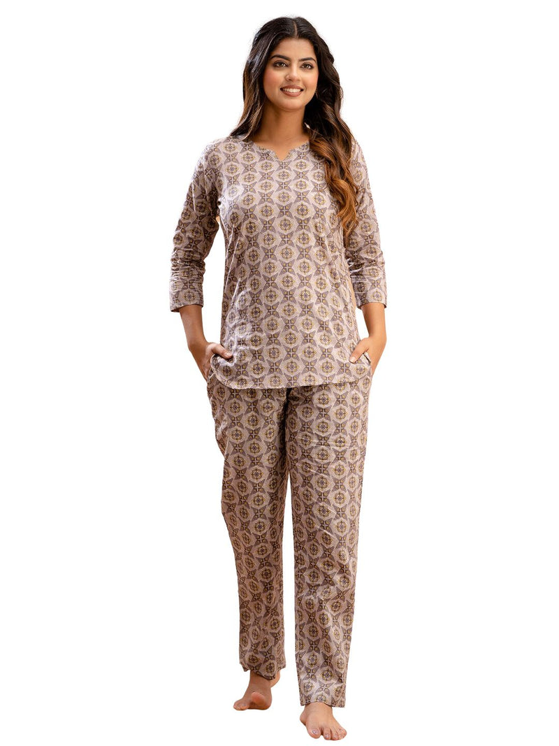 Purple Printed Cotton Night Suit with V-Neck Kurti & Ankle-Length Pants
