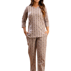 Purple Printed Cotton Night Suit with V-Neck Kurti & Ankle-Length Pants