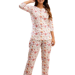 White Printed Cotton Night Suit with V-Neck Kurti & Ankle-Length Pants