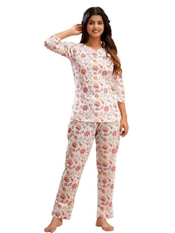 White Printed Cotton Night Suit with V-Neck Kurti & Ankle-Length Pants