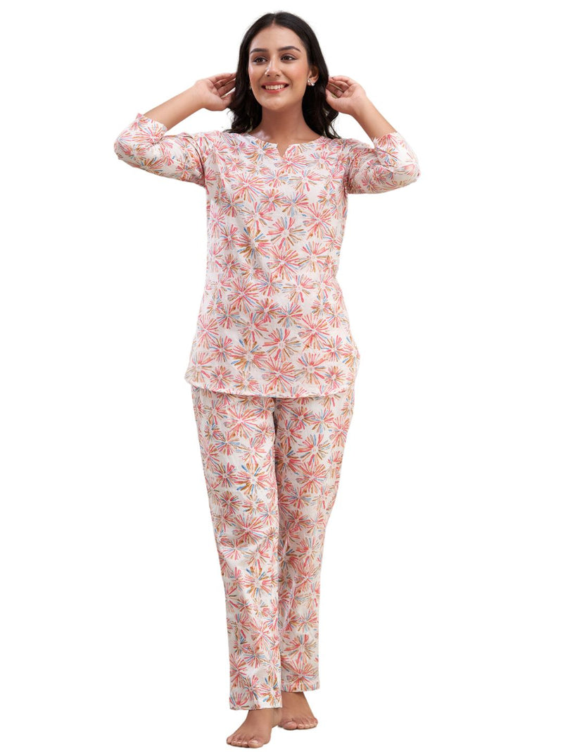White Printed Cotton Night Suit with V-Neck Kurti & Ankle-Length Pants