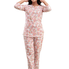 White Printed Cotton Night Suit with V-Neck Kurti & Ankle-Length Pants