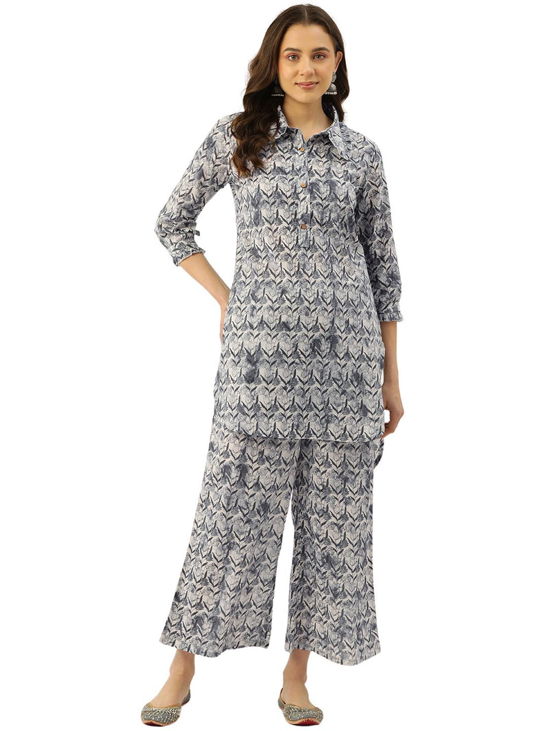 Grey Elegant Collared Co-Ord Set with Frill Detail & Elasticated Pants