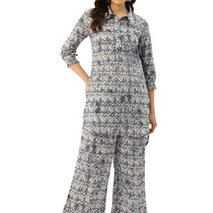 Grey Elegant Collared Co-Ord Set with Frill Detail & Elasticated Pants