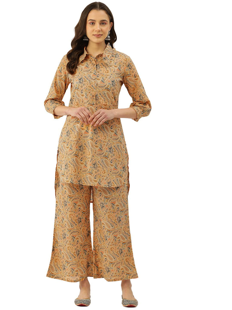 Multicolor Elegant Collared Co-Ord Set with Frill Detail & Elasticated Pants