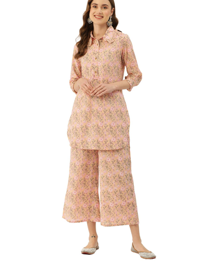 Pink Elegant Collared Co-Ord Set with Frill Detail & Elasticated Pants