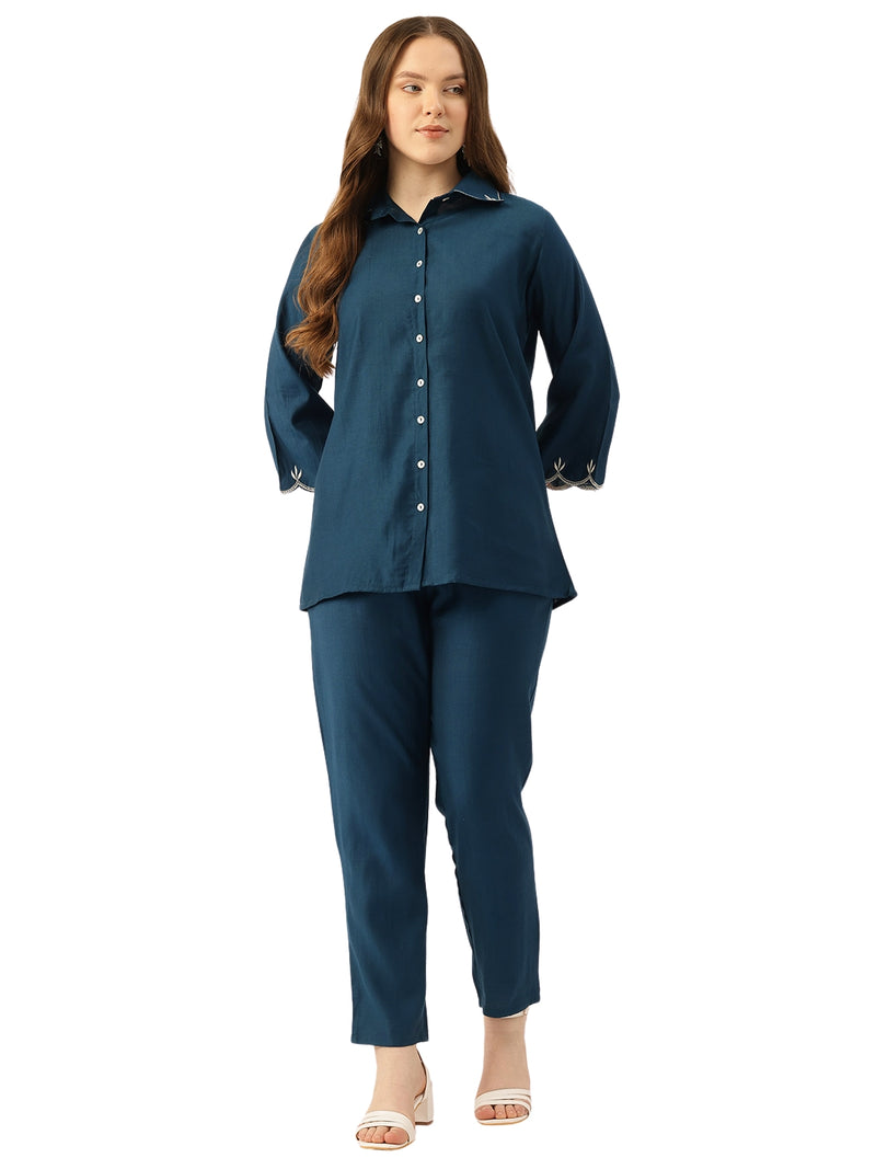 Blue Women's Embroidered Co-ord Set - Viscose Fabric Sleeveless Shirt and Pant