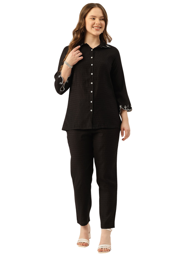 Black Women's Embroidered Co-ord Set - Viscose Fabric Full Sleeve Shirt and Pant
