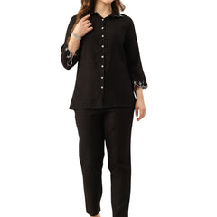 Black Women's Embroidered Co-ord Set - Viscose Fabric Full Sleeve Shirt and Pant