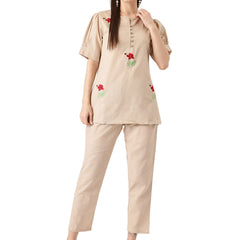 Beige Women's Embroidered Co-ord Set - Viscose Fabric Full Sleeve Shirt and Pant