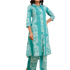 Light Green Women’s Co-Ord Set–Printed Collared Kurta with 3/4 Sleeves & Elastic Waist Pants