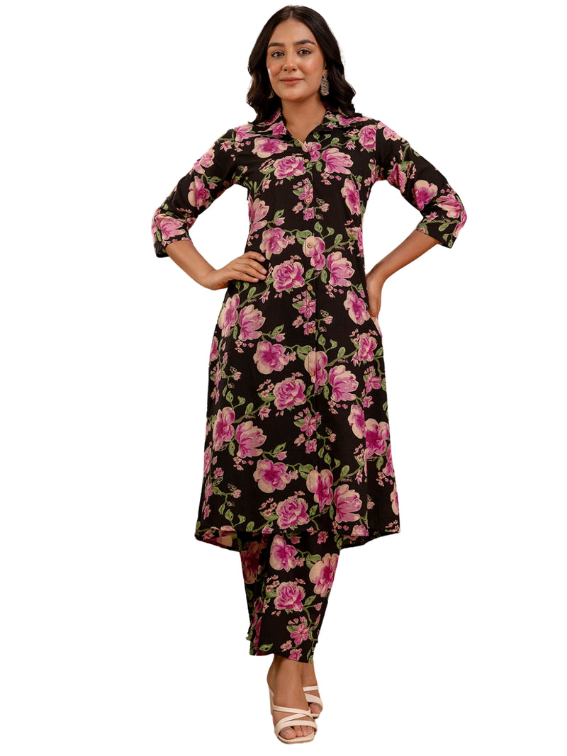 Black Women’s Co-Ord Set–Printed Collared Kurta with 3/4 Sleeves & Elastic Waist Pants