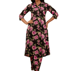 Black Women’s Co-Ord Set–Printed Collared Kurta with 3/4 Sleeves & Elastic Waist Pants