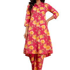 Red Women’s Co-Ord Set–Printed Collared Kurta with 3/4 Sleeves & Elastic Waist Pants