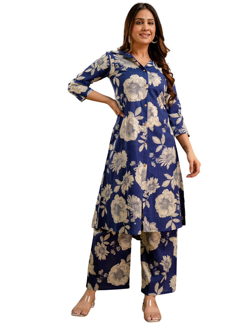 Blue Women’s Co-Ord Set–Printed Collared Kurta with 3/4 Sleeves & Elastic Waist Pants