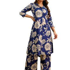 Blue Women’s Co-Ord Set–Printed Collared Kurta with 3/4 Sleeves & Elastic Waist Pants