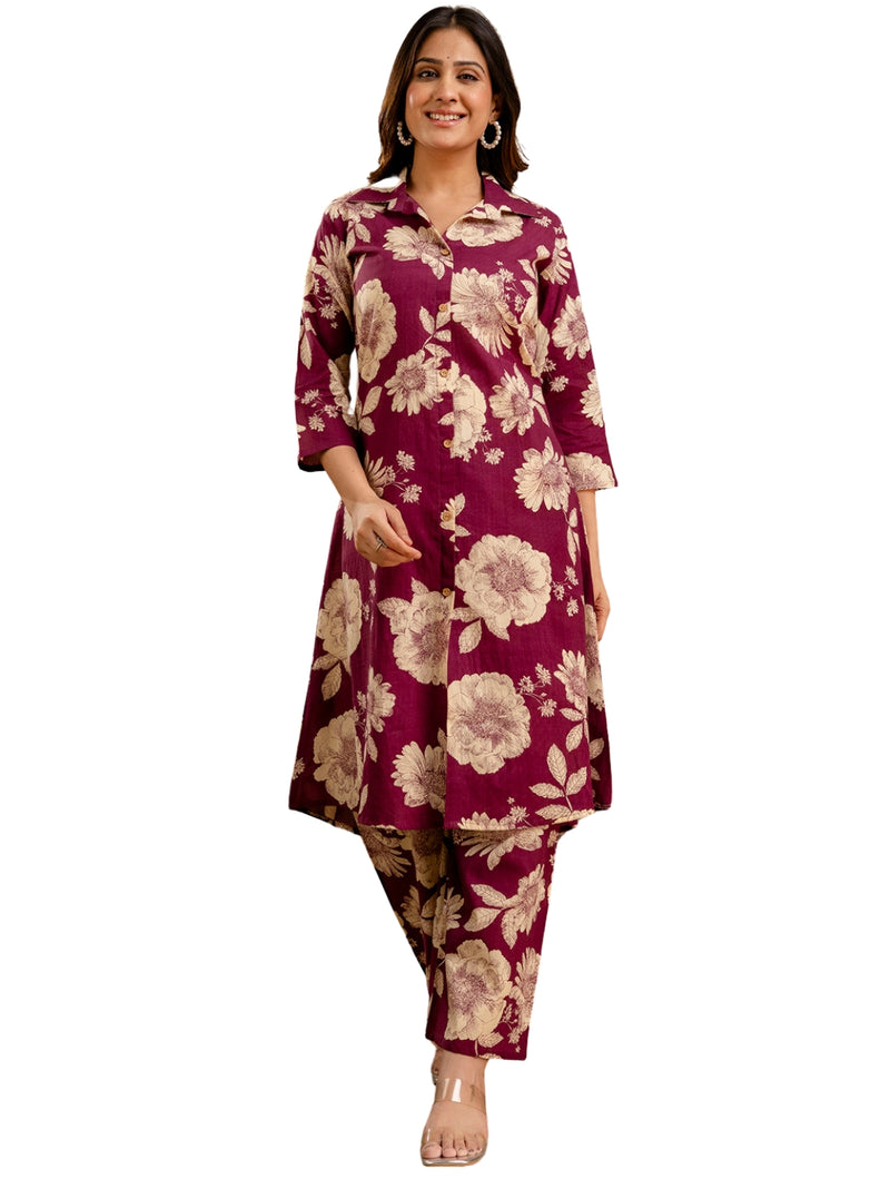 Purple Women’s Co-Ord Set–Printed Collared Kurta with 3/4 Sleeves & Elastic Waist Pants