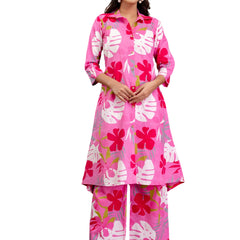 Pink Women’s Co-Ord Set–Printed Collared Kurta with 3/4 Sleeves & Elastic Waist Pants