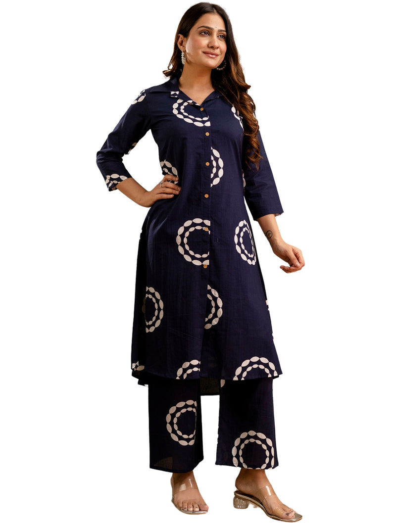 Blue Women’s Co-Ord Set–Printed Collared Kurta with 3/4 Sleeves & Elastic Waist Pants