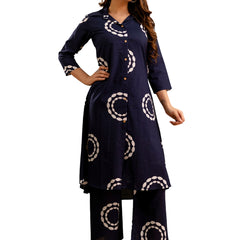Blue Women’s Co-Ord Set–Printed Collared Kurta with 3/4 Sleeves & Elastic Waist Pants