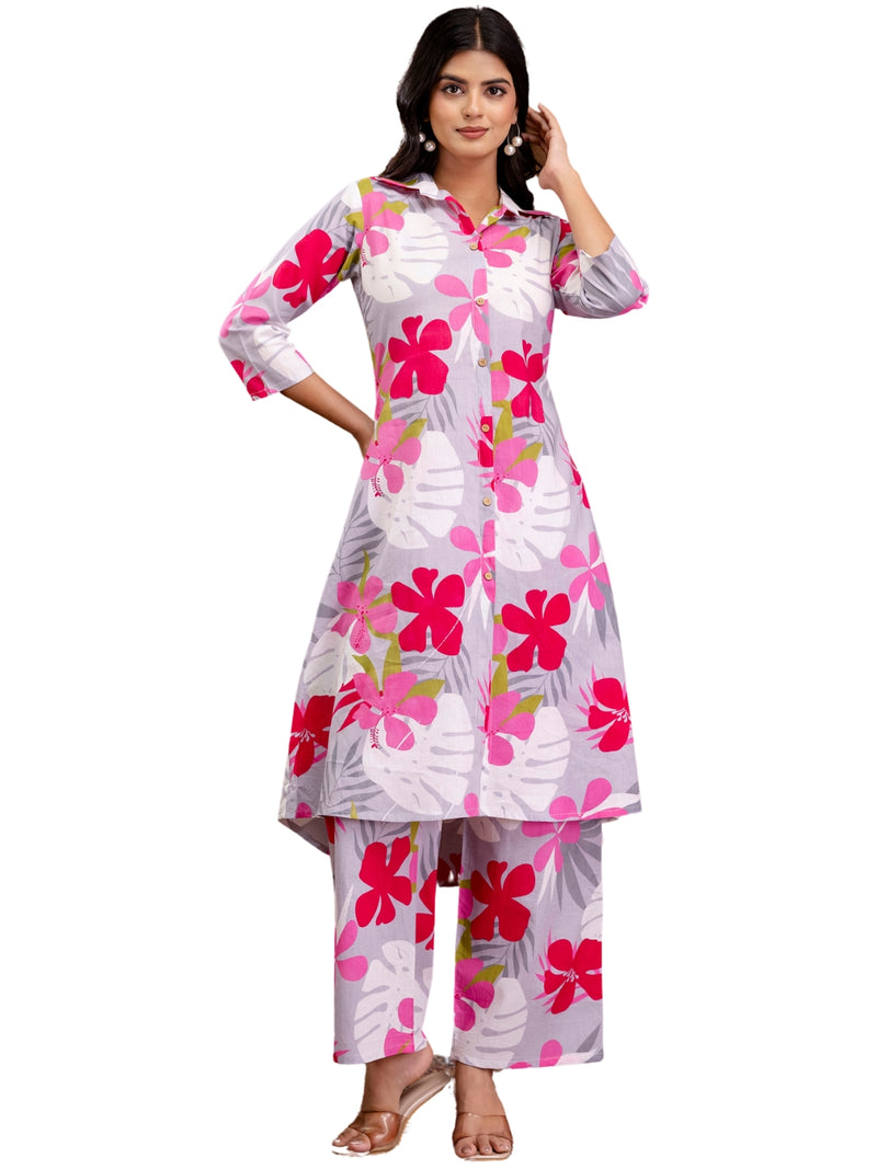 Grey Women’s Co-Ord Set–Printed Collared Kurta with 3/4 Sleeves & Elastic Waist Pants