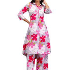 Grey Women’s Co-Ord Set–Printed Collared Kurta with 3/4 Sleeves & Elastic Waist Pants