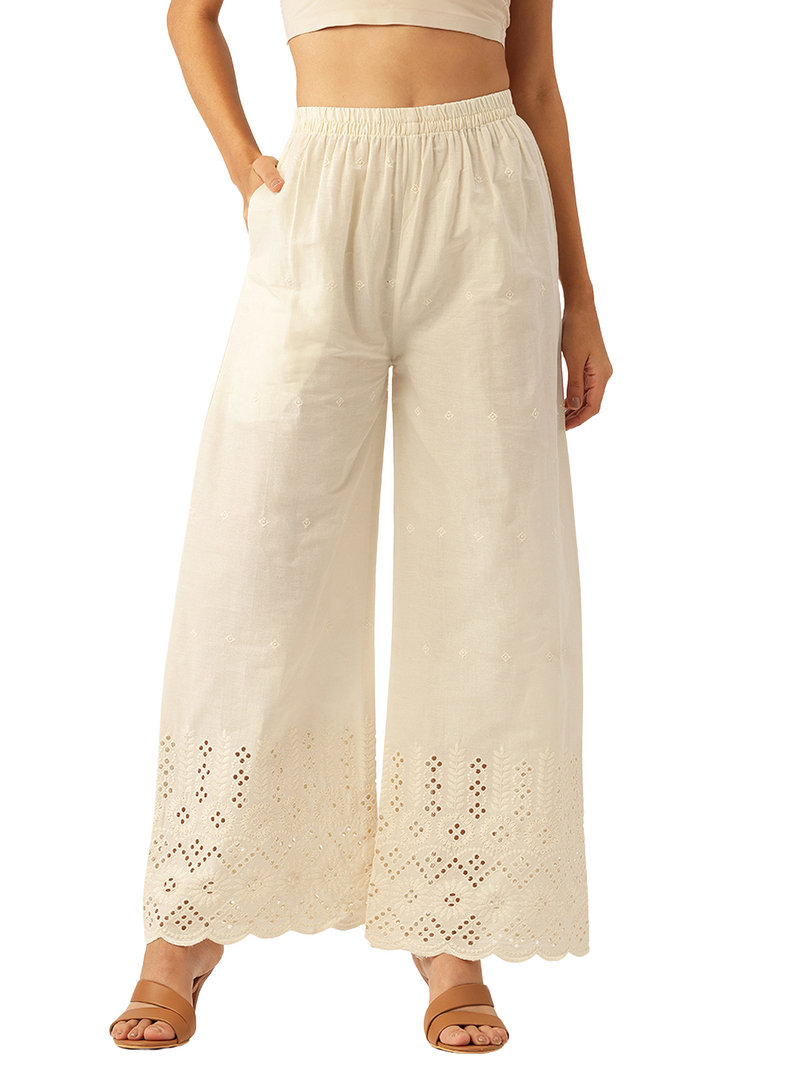 Beige Palazzos | Embroidered Elegnace With Elastic Waist & Single Pocket
