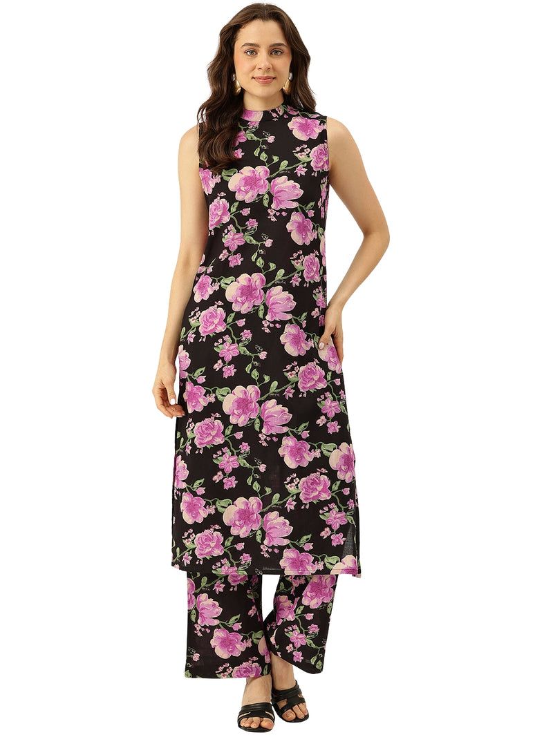 Floral Sleeveless Cotton Co-Ord Set with Choker Neckline – Pure Cotton | Sizes S–XXL
