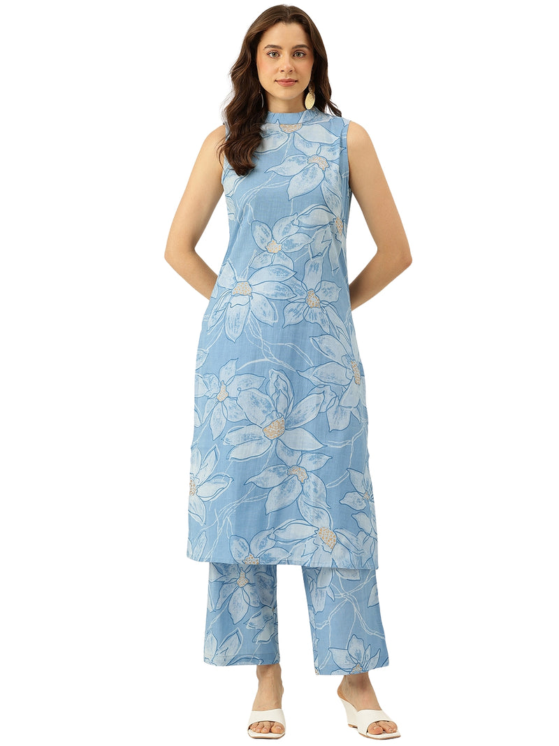 Floral Sleeveless Cotton Co-Ord Set with Choker Neckline – Pure Cotton | Sizes S–XXL