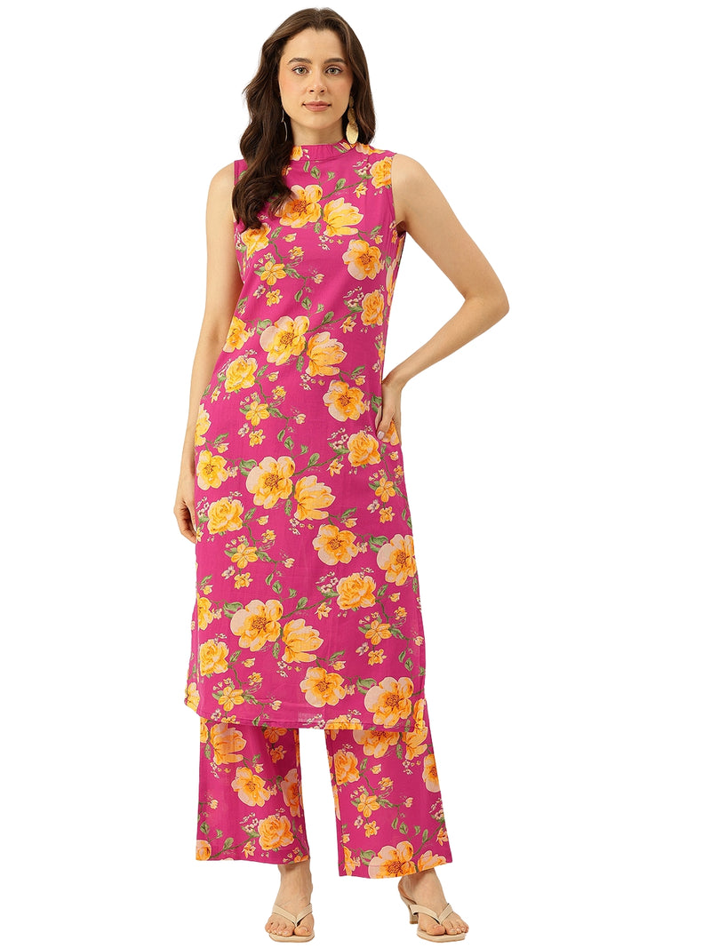 Floral Sleeveless Cotton Co-Ord Set with Choker Neckline – Pure Cotton | Sizes S–XXL