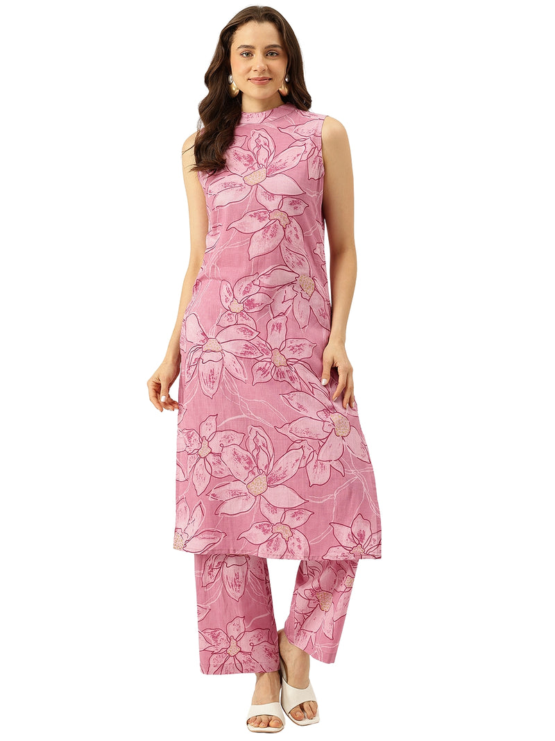 Floral Sleeveless Cotton Co-Ord Set with Choker Neckline – Pure Cotton | Sizes S–XXL