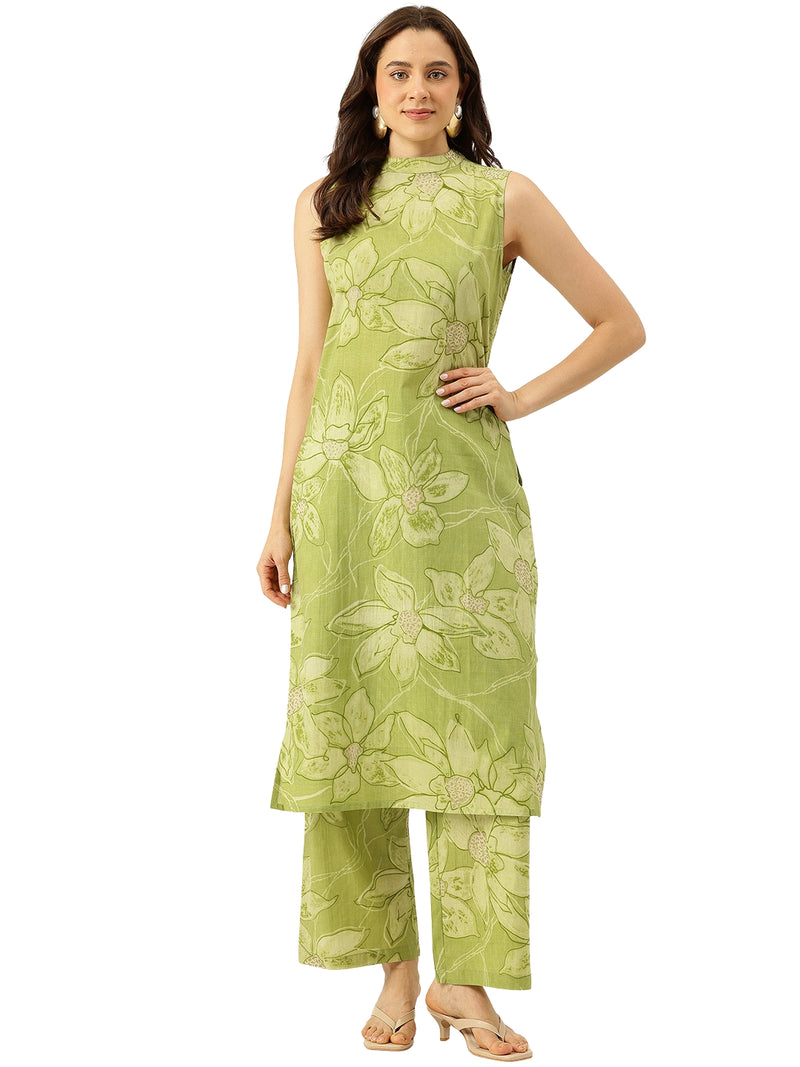 Floral Sleeveless Cotton Co-Ord Set with Choker Neckline – Pure Cotton | Sizes S–XXL