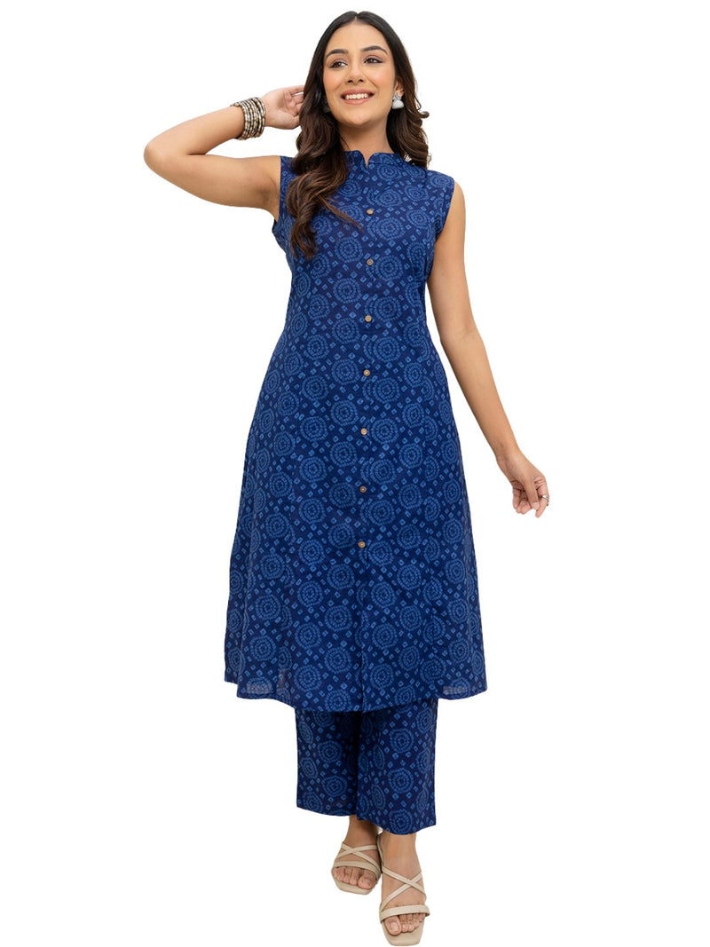 Luxury Mandarin Collar Printed Co-Ord Set with Button Detail A-Line Kurta & Comfort Fit Pants