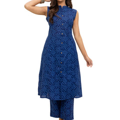 Luxury Mandarin Collar Printed Co-Ord Set with Button Detail A-Line Kurta & Comfort Fit Pants
