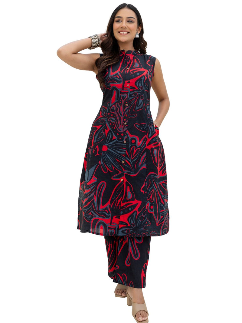 Luxury Mandarin Collar Printed Co-Ord Set with Button Detail A-Line Kurta & Comfort Fit Pants