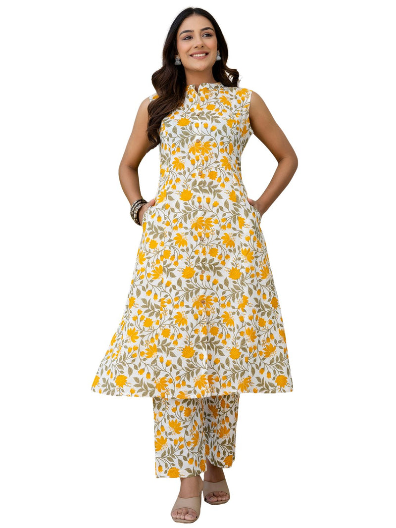 Luxury Mandarin Collar Printed Co-Ord Set with Button Detail A-Line Kurta & Comfort Fit Pants